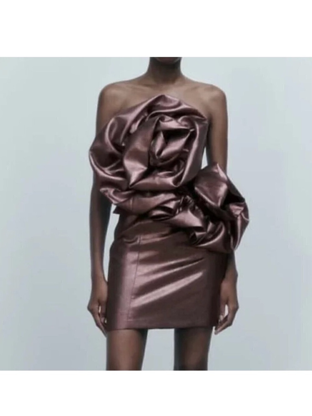 Zara Metallic Rose-Brown Strapless Ruffle Mini Dress